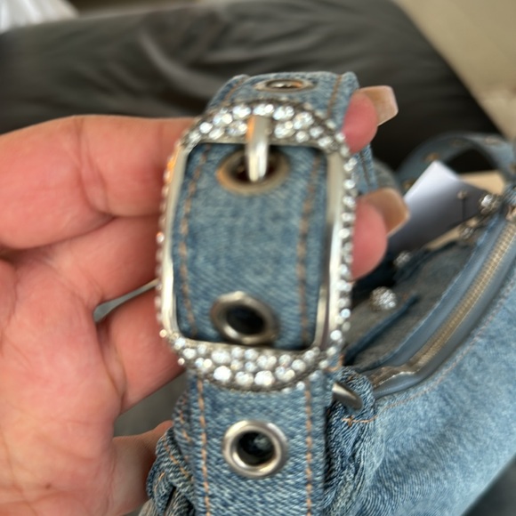 BALENCIAGA 
WOMEN'S LE CAGOLE XS SHOULDER BAG DENIM IN BLUE WITH CRYSTALS - Picture 5 of 14